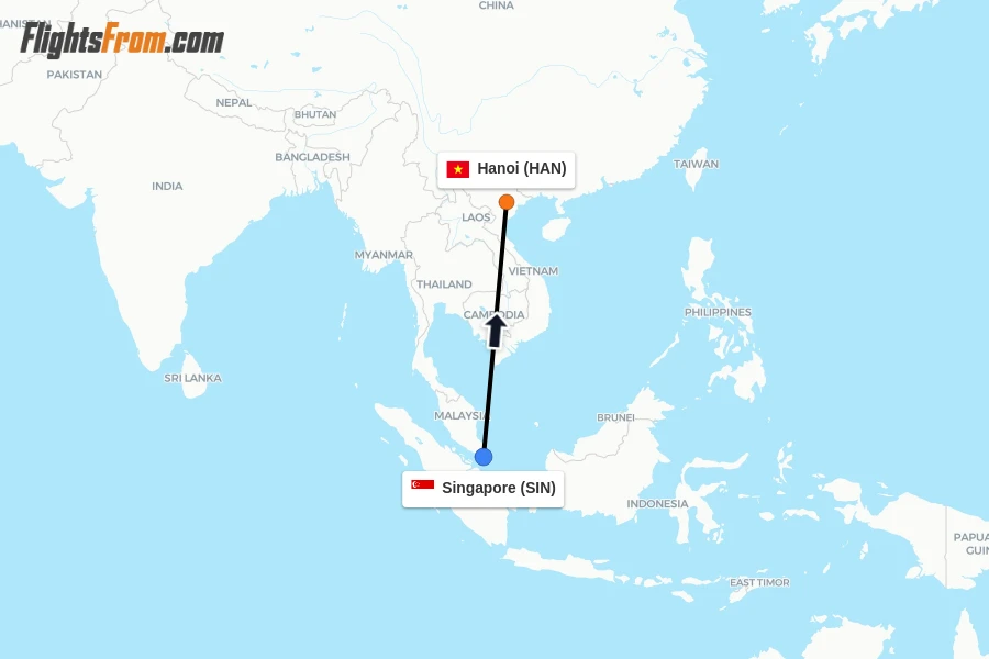 Flights from Singapore to Hanoi route map
