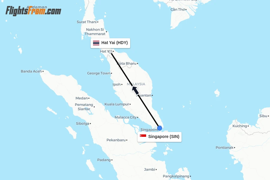 Flights from Singapore to Hat Yai route map
