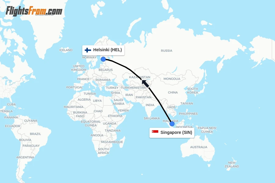 Flights from Singapore to Helsinki route map