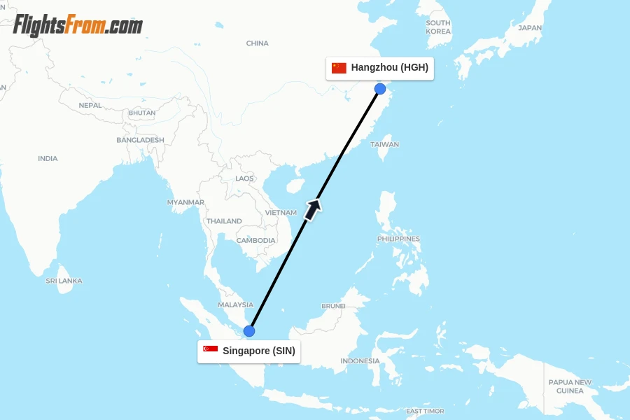 Flights from Singapore to Hangzhou route map