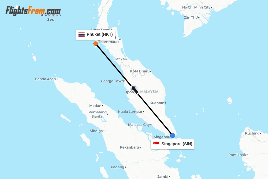 Flights from Singapore to Phuket route map