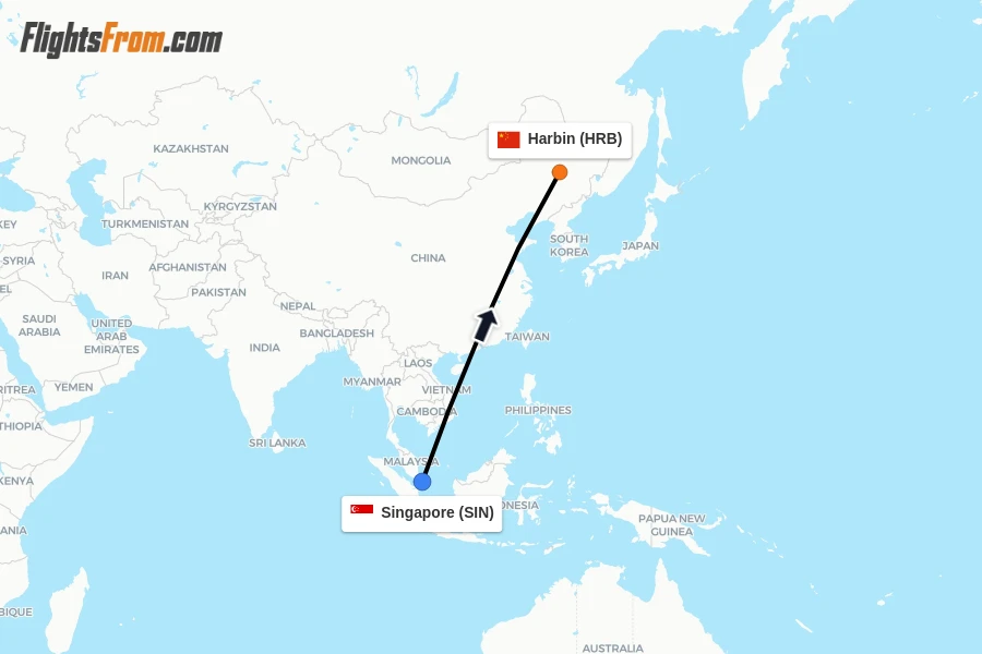 Flights from Singapore to Harbin route map