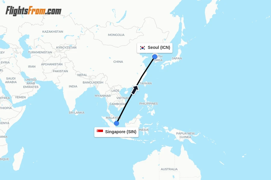 Flights from Singapore to Seoul route map