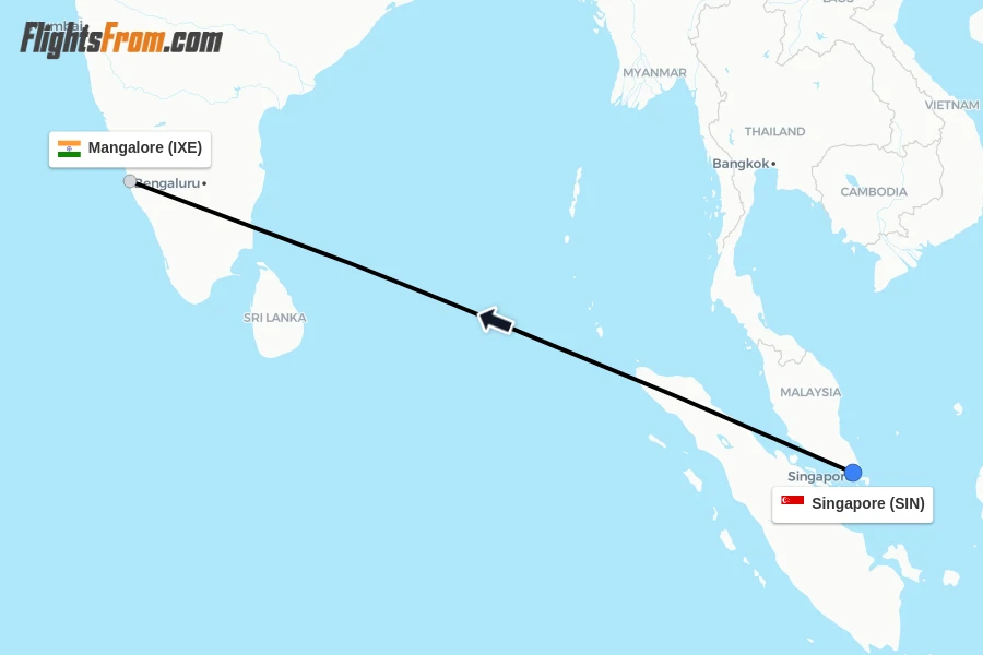 Flights from Singapore to Mangalore route map