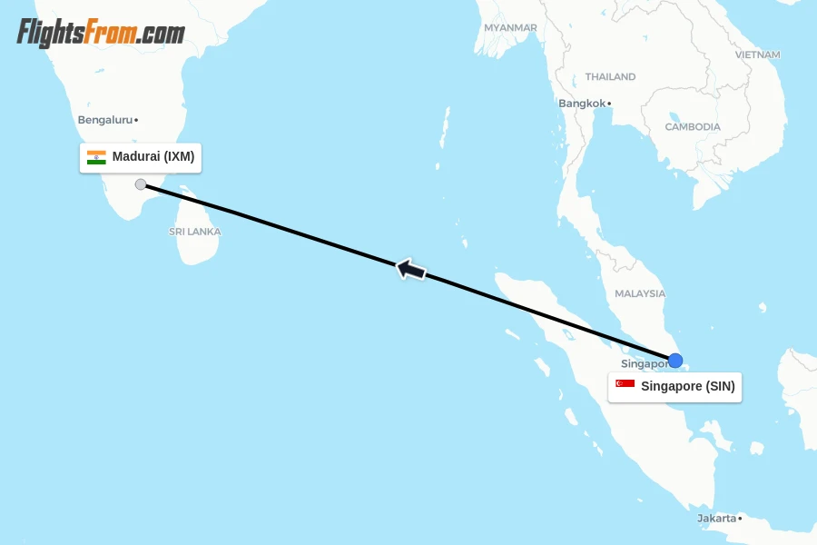 Flights from Singapore to Madurai route map
