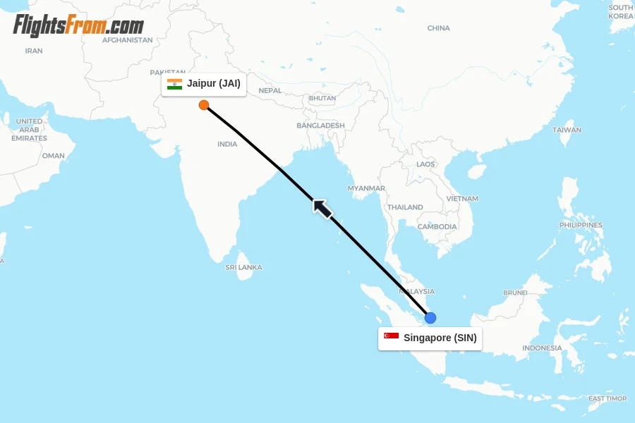 Flights from Singapore to Jaipur route map