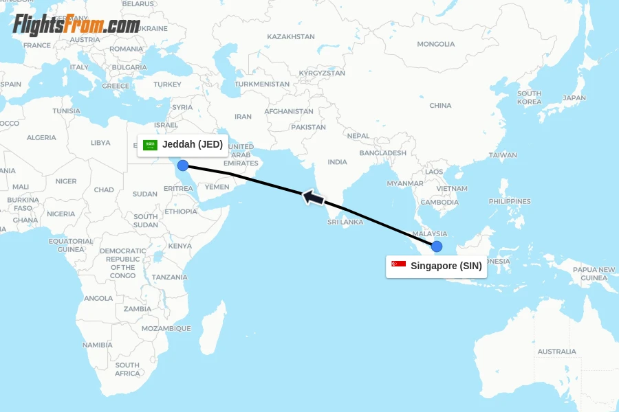 Flights from Singapore to Jeddah route map