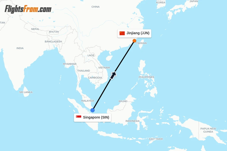 Flights from Singapore to Jinjiang route map