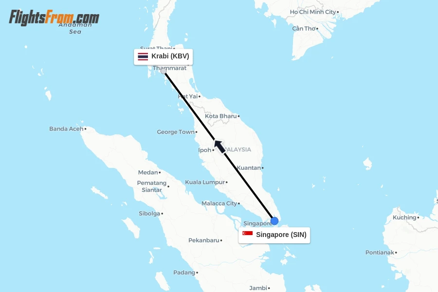 Flights from Singapore to Krabi route map