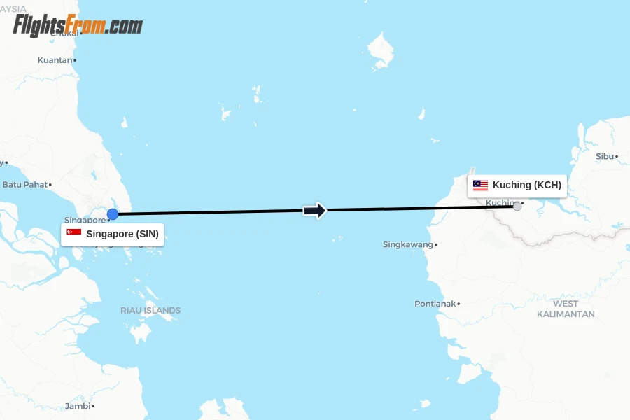 Flights from Singapore to Kuching route map