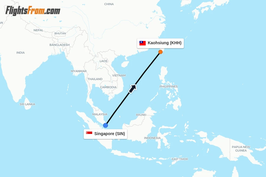 Flights from Singapore to Kaohsiung route map