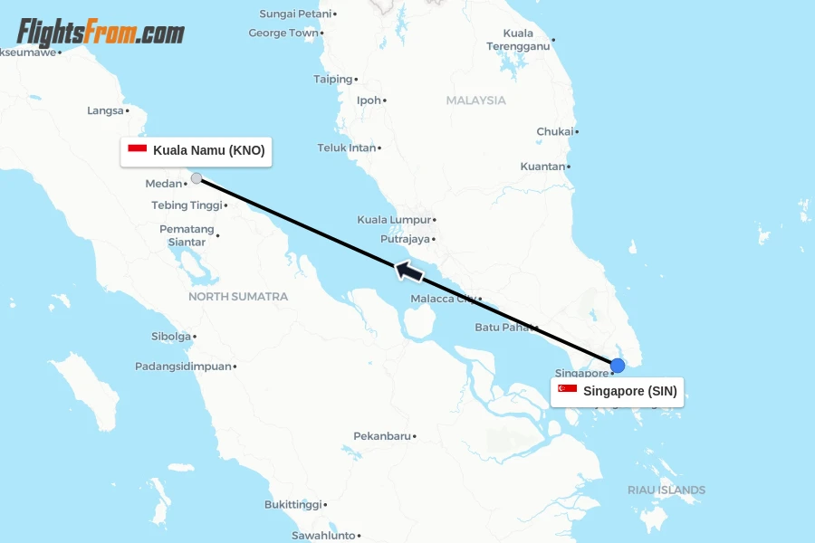 Flights from Singapore to Kuala Namu route map