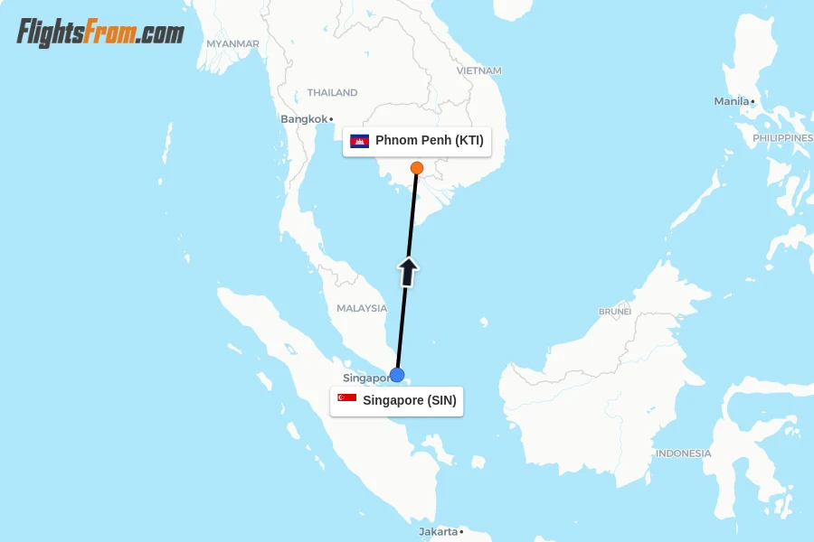Flights from Singapore to Phnom Penh route map