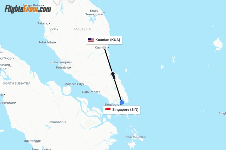 Flights from Singapore to Kuantan route map