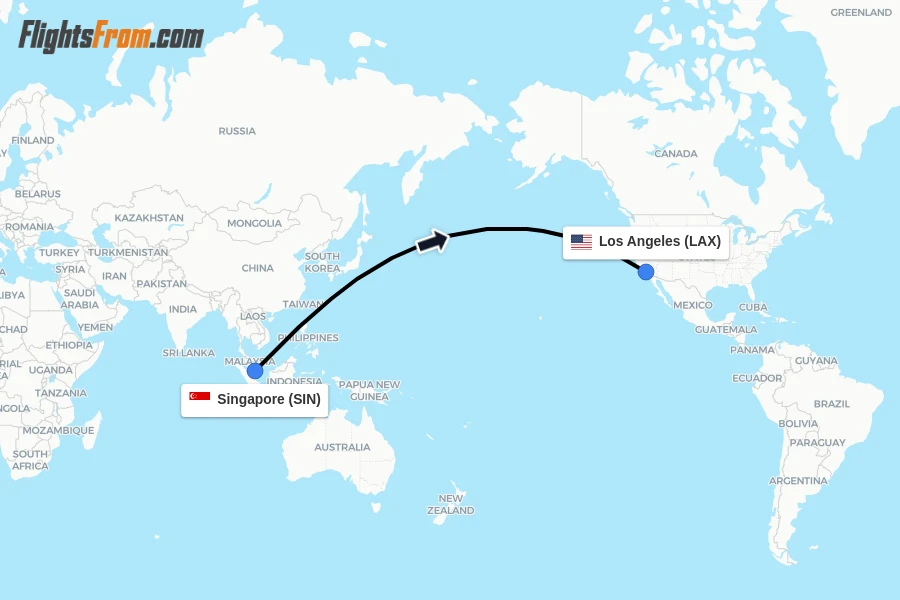 Flights from Singapore to Los Angeles route map