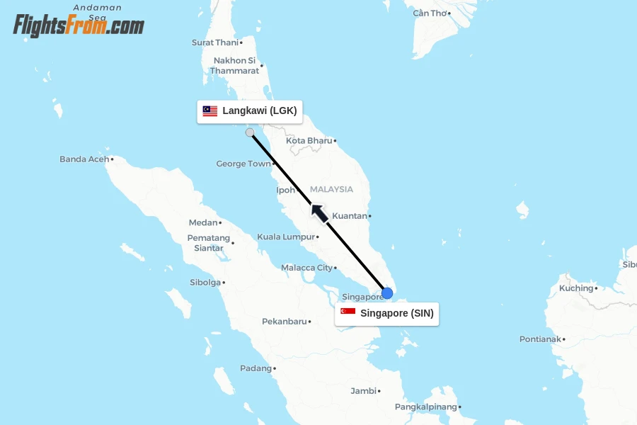 Flights from Singapore to Langkawi route map