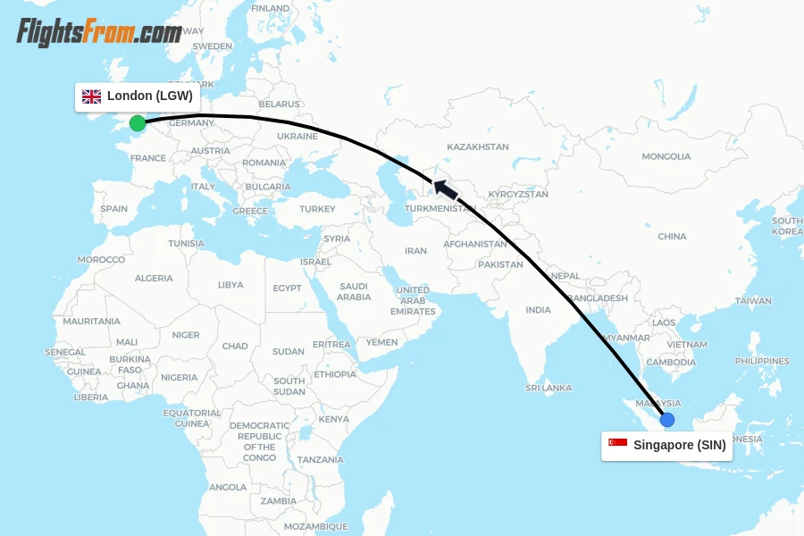 Flights from Singapore to London route map