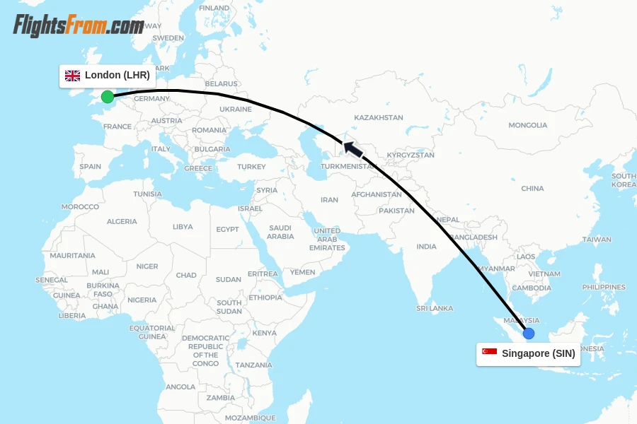Flights from Singapore to London route map