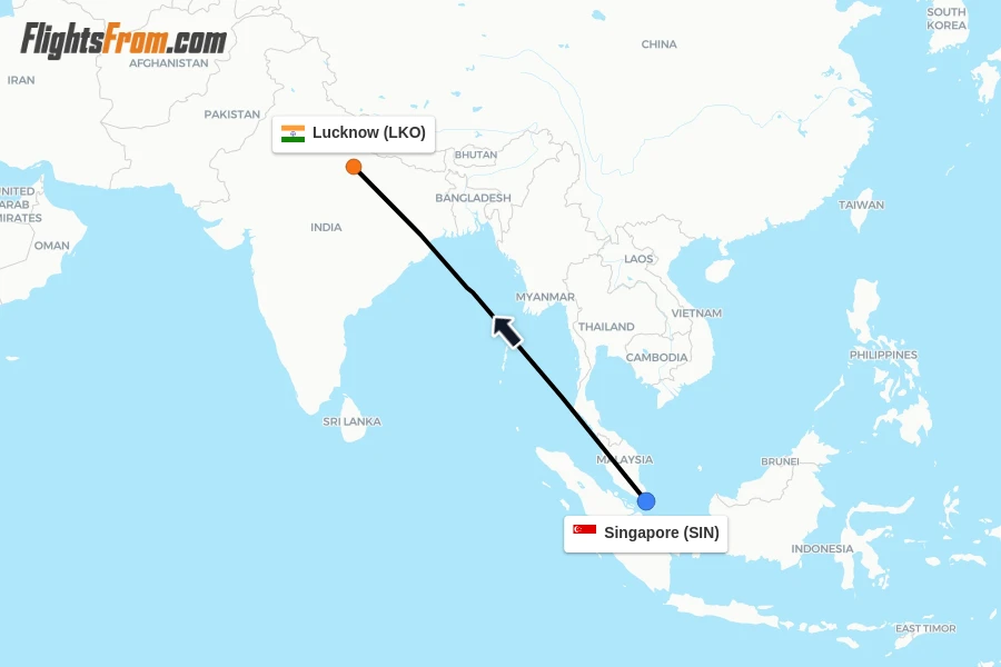 Flights from Singapore to Lucknow route map