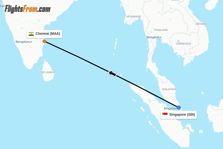 Flights from Singapore to Chennai route map