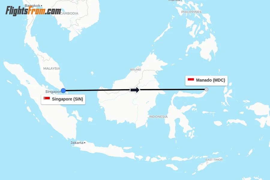 Flights from Singapore to Manado route map