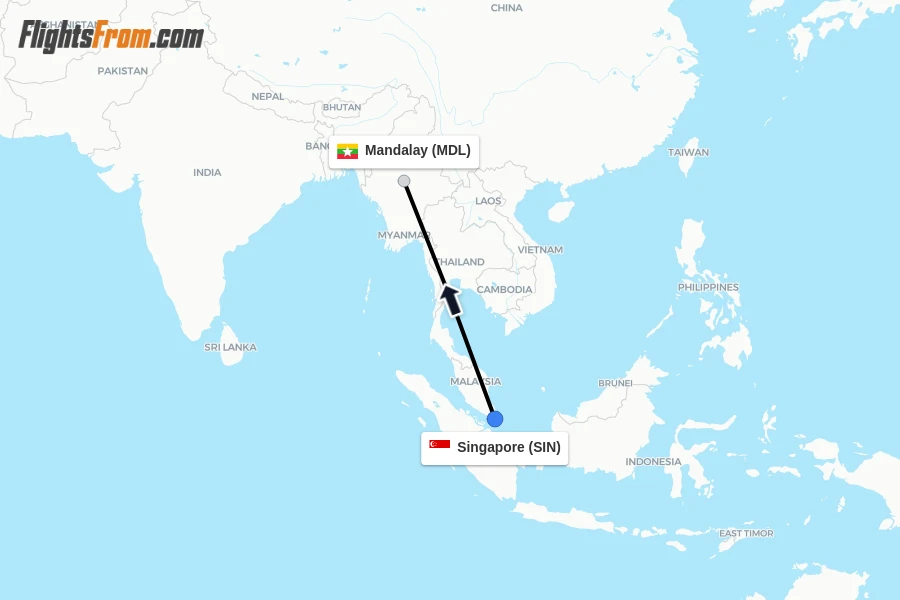 Flights from Singapore to Mandalay route map