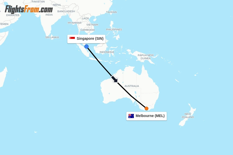 Flights from Singapore to Melbourne route map