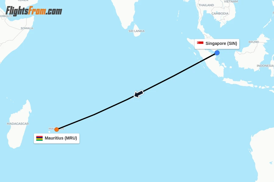 Flights from Singapore to Mauritius route map