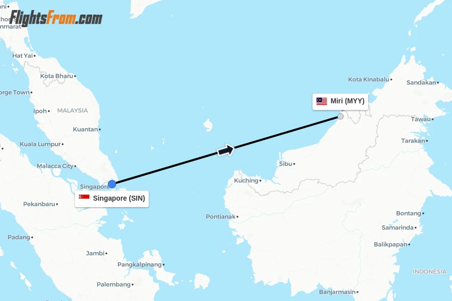 Flights from Singapore to Miri route map