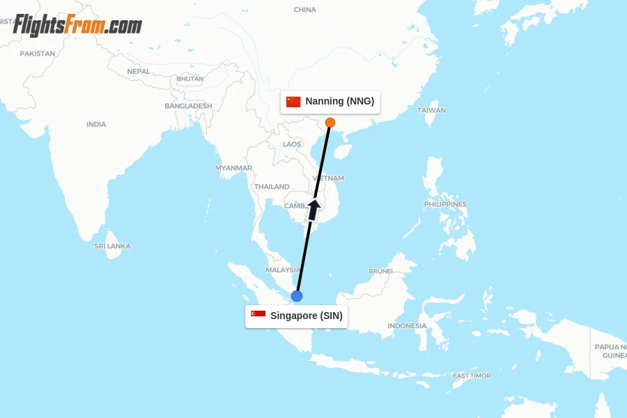 Flights from Singapore to Nanning route map