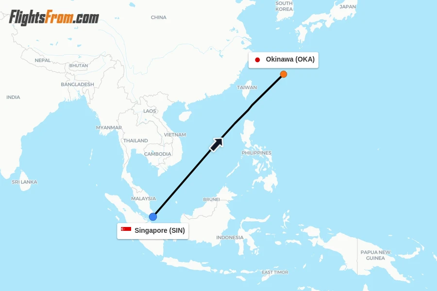 Flights from Singapore to Okinawa route map