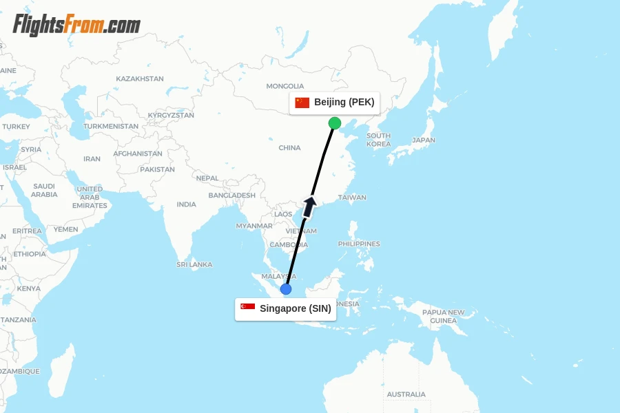 Flights from Singapore to Beijing route map