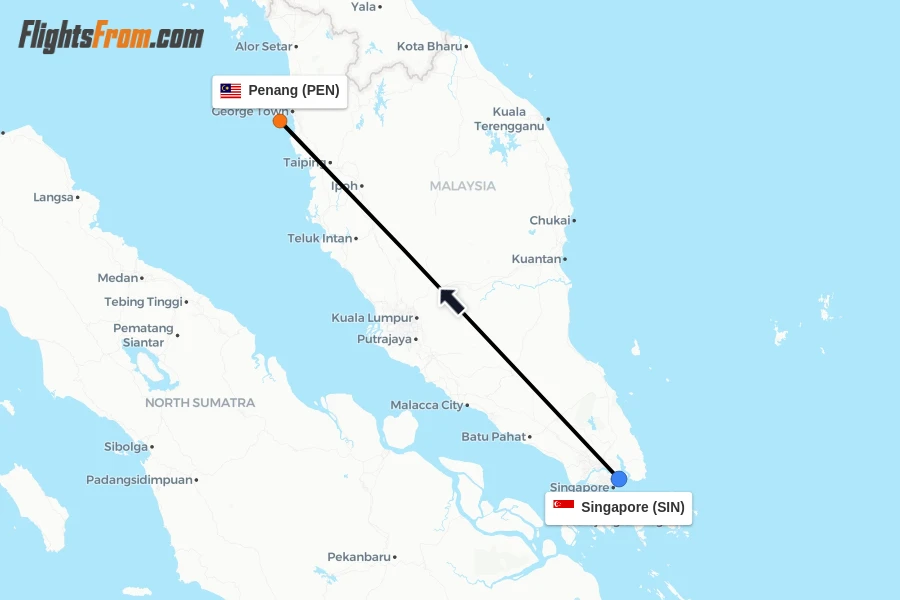 Flights from Singapore to Penang route map