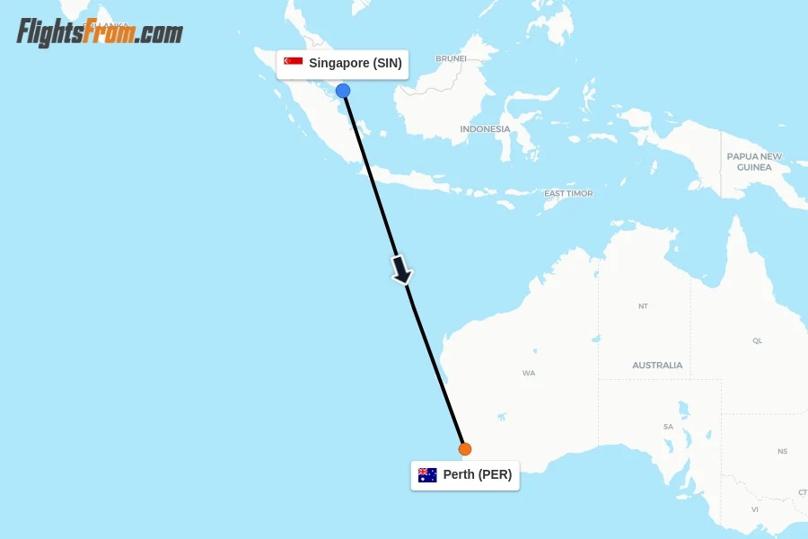 Flights from Singapore to Perth route map