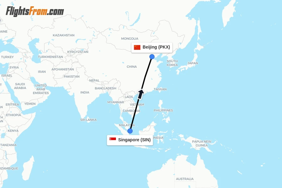 Flights from Singapore to Beijing route map