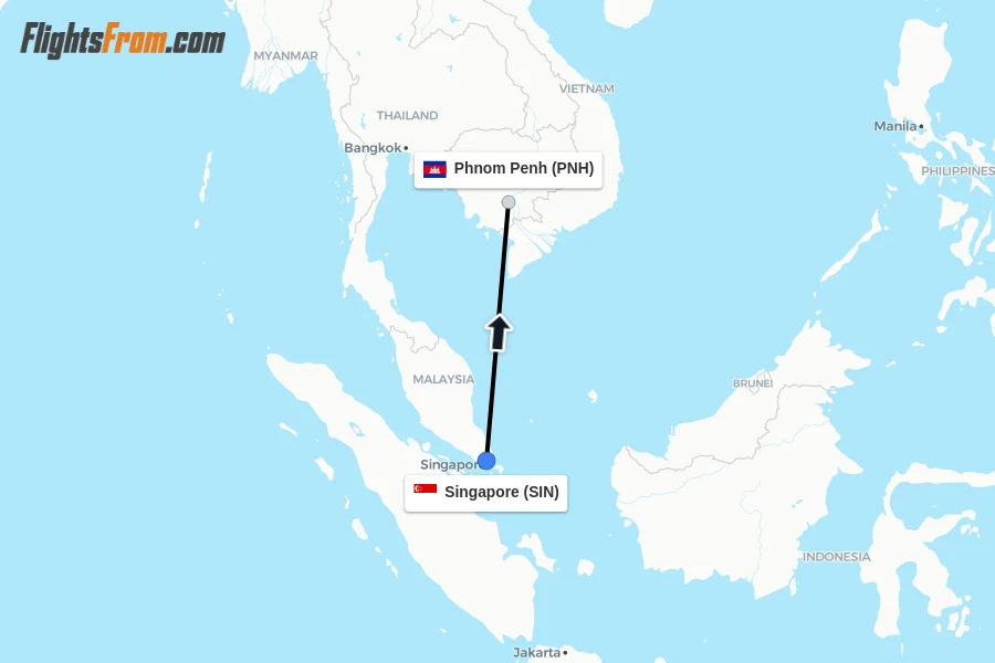 Flights from Singapore to Phnom Penh route map