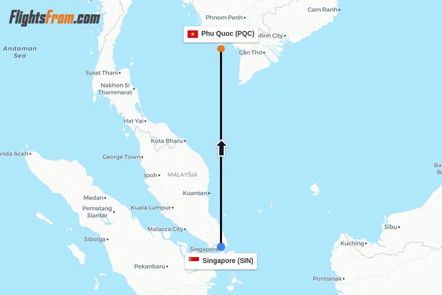 Flights from Singapore to Phu Quoc route map