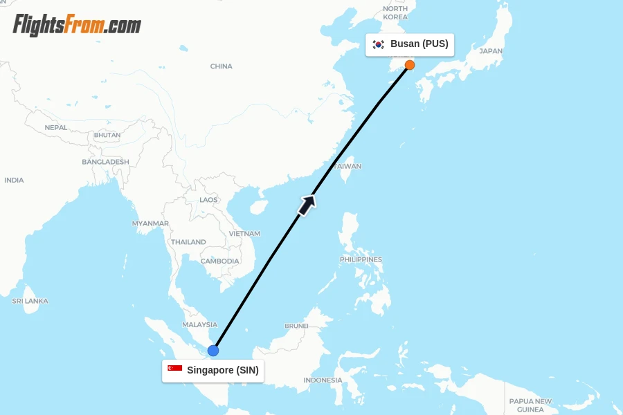 Flights from Singapore to Busan route map