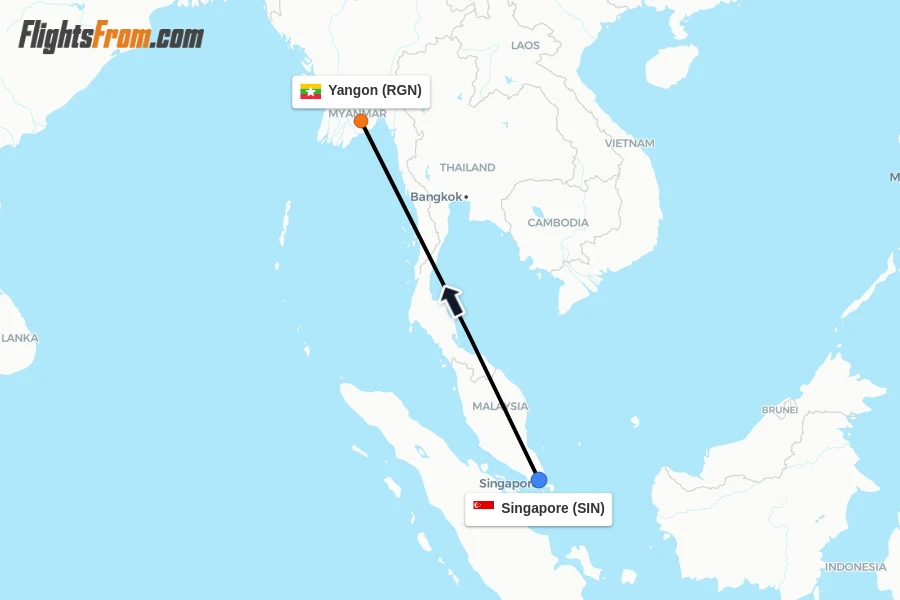 Flights from Singapore to Yangon route map