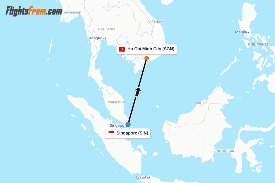 Flights from Singapore to Ho Chi Minh City route map