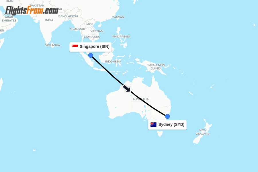 Flights from Singapore to Sydney route map
