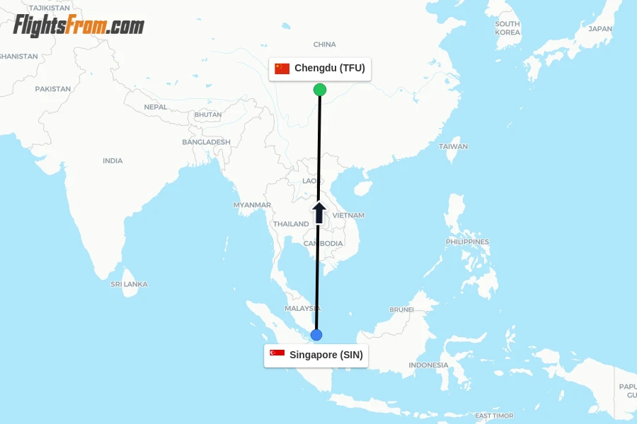 Flights from Singapore to Chengdu route map
