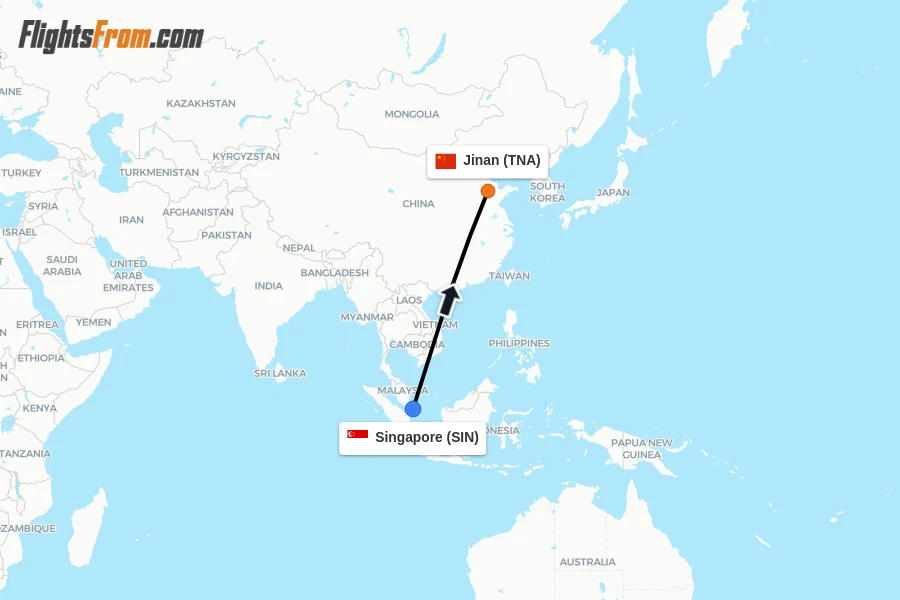 Flights from Singapore to Jinan route map