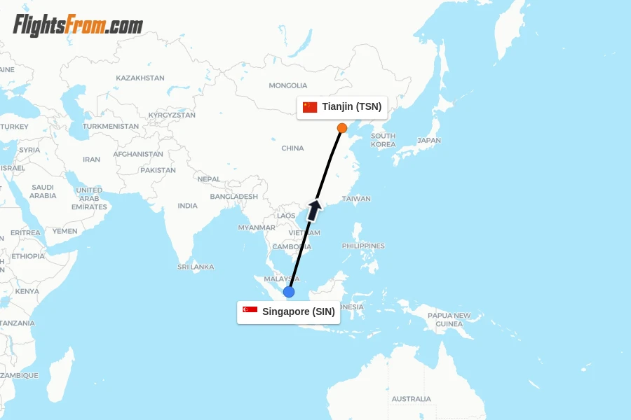 Flights from Singapore to Tianjin route map