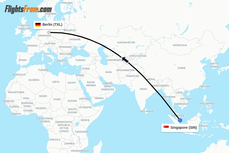 Flights from Singapore to Berlin route map