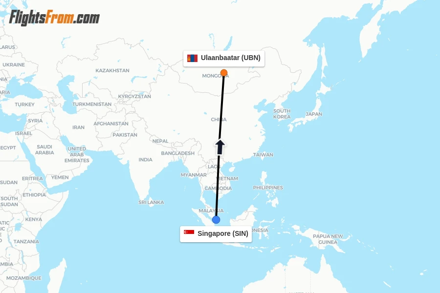 Flights from Singapore to Ulaanbaatar route map