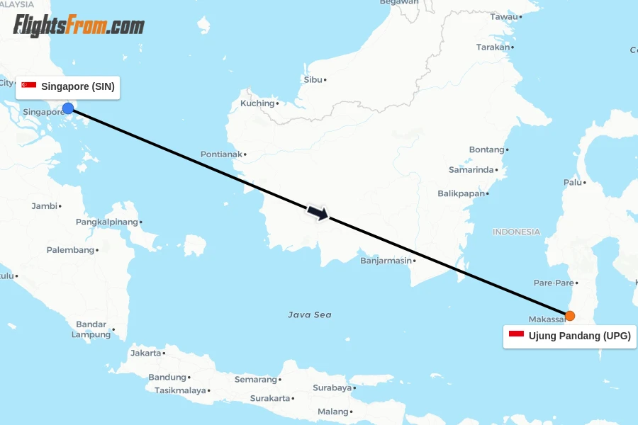 Flights from Singapore to Ujung Pandang route map