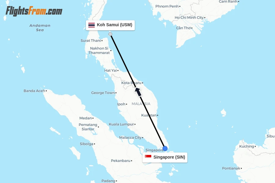 Flights from Singapore to Koh Samui route map