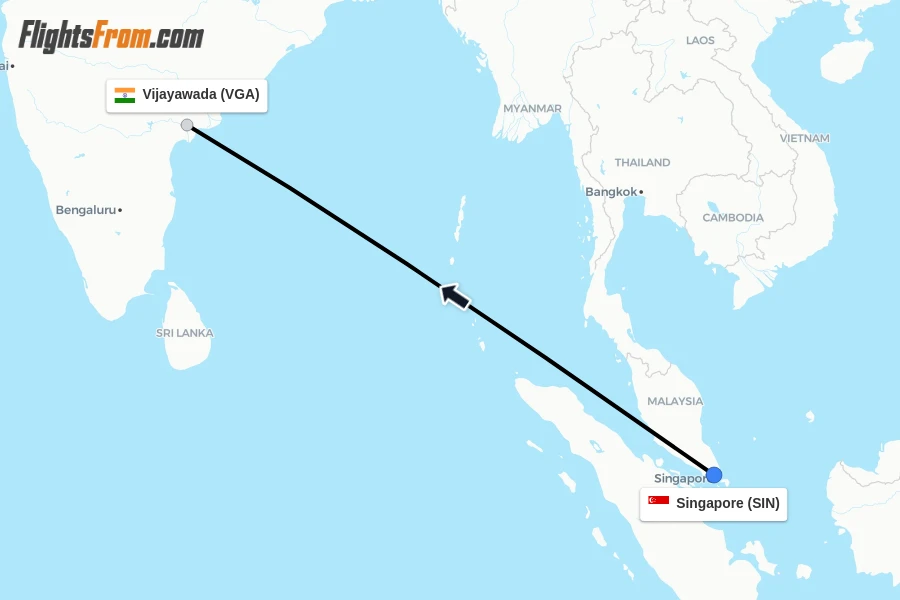 Flights from Singapore to Vijayawada route map