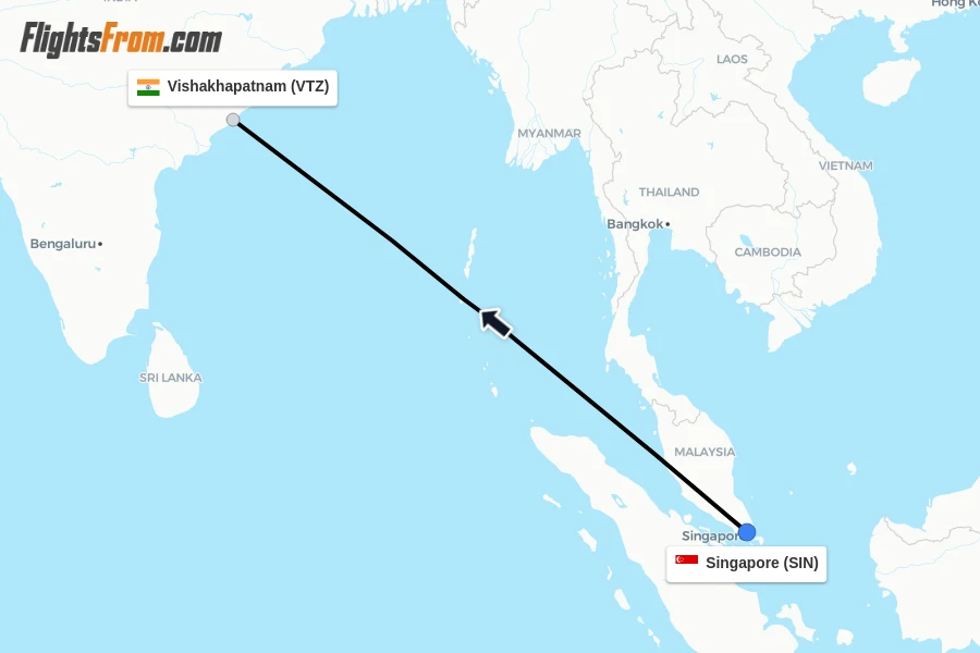 Flights from Singapore to Vishakhapatnam route map